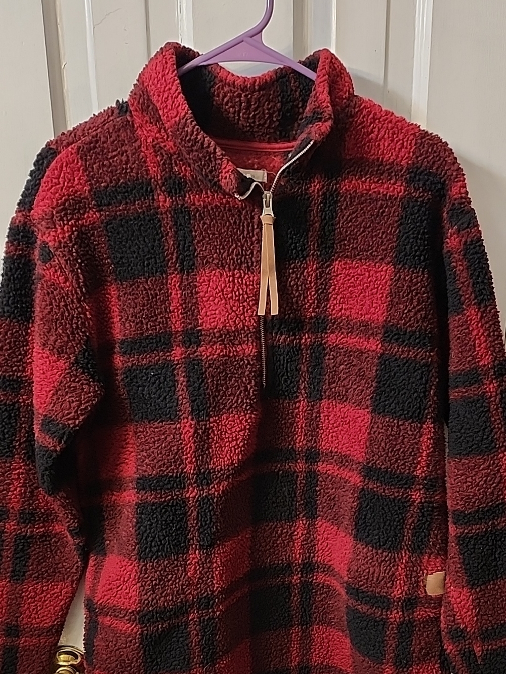 Maurices Red & Black Plaid Sherpa Half-Zip Hoodie